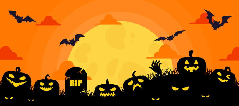 Halloween pumpkin silhouette and fly bat on full moon background. vector illustration flat design for banner, poster, wallpaper, and background.