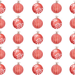 Watercolor illustration of Christmas holiday tree ball decoration pattern set in red color ink with ribbons painted and isolated on white background