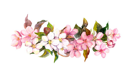 Cherry blossoming flowers design element. Floral bouquet of delicate pink sakura or apple. Watercolor for spring card design