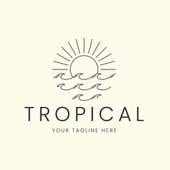 tropical line art minimalist style logo vector icon template illustration design. wave water, sun, sea, logo design