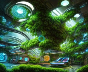 Huge and airy light space of the space station overgrown with green vegetation. Futuristic environment concept for space travel. Photorealistic 3D illustration.