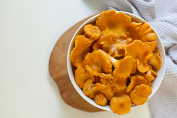 lot of red chanterelle mushrooms in a white plate on a light gray table
