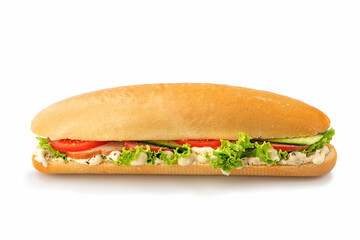 Sandwich bun with meat, tomato, cucumber, lettuce isolated on white background