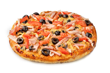 Frozen pizza on a white background. Semi-finished pizza isolated on white background. Top view.