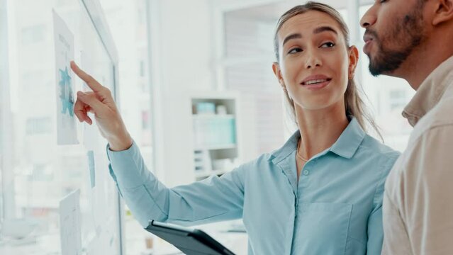 Woman and man brainstorming in a meeting in the office with businesswoman presenting ideas. Business people working together on project with a tablet. Teamwork, strategy and leadership in workplace