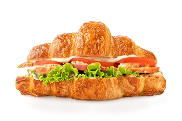 Croissant sandwich with ham, lettuce, tomatoes isolated on white background. Healthy and fast food.