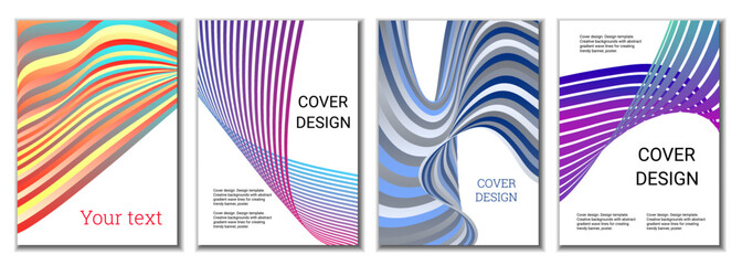 A set of 4 abstract covers. Wavy parallel gradient lines, ribbons evolve. Cover design, background. Trendy banner, poster.