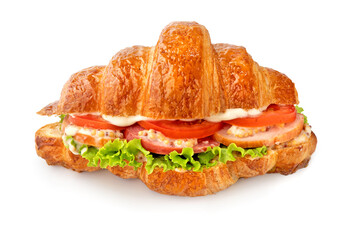 Croissant sandwich with ham, lettuce, tomatoes isolated on white background. Healthy and fast food.