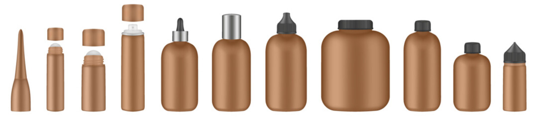 Set of brown tubes and bottles. Roller ball tube. Body antiperspirant deodorant roll-on, open and closed blank tubes with screw cap. Realistic mockup. Eye Cream Roll Ball. Dropper, atomizer