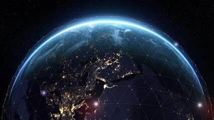 Futuristic Digital Grid Over the Earth Sunrise. Beautiful View from Space Satellite. Abstract Network Growing and Covering Planet. Modern Business and Technology Concept. 4k Ultra HD 3840x2160