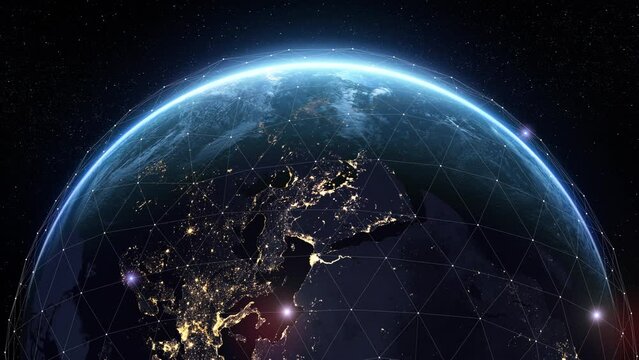 Futuristic Digital Grid Over the Earth Sunrise. Beautiful View from Space Satellite. Abstract Network Growing and Covering Planet. Modern Business and Technology Concept. 4k Ultra HD 3840x2160