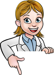 Pointing Cartoon Scientist Character Sign