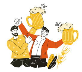 Oktoberfest party and beer festival, Bavarian brewing holiday signboard or label design with two friends drink beer, doodle cartoon vector illustration isolated on white background.