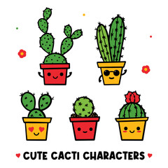 Set, collection of cute and happy doodle style cactus, succulents in pot characters.
