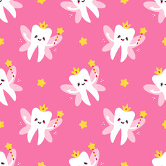 Cute tooth fairy in crown with magic wand vector seamless pattern background for kids dental care design.