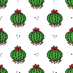 Cute doodle style blooming cactus, succulents and dots vector seamless pattern background.