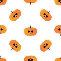 Cute cartoon style orange pumpkin characters wearing sunglasses vector seamless pattern background for autumn, fall design.
