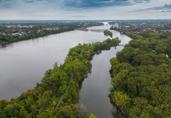 Fototapeta na wymiar Aerial view of Rivière des Prairies, Montreal, Canada