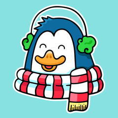 New Year s or Christmas Penguin, winter illustration, sticker icon, vector design element, hand drawn