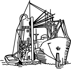 Auxilary Harbor vessels and sailing ship grain elevator in vector