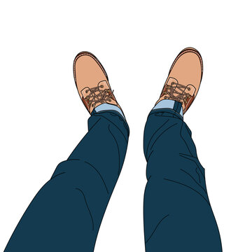 Sketch Of Selfie Of Feet In Classic Boots Shoes And Tight Jeans, Top View, Line Art Style Hand Drawn Doodle Vector Illustration.