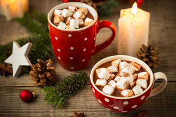 Christmas hot chocolate on the wooden table