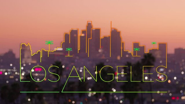 Cinematic footage with fancy colorful thin font Los Angeles copy with palm trees icons appearing on on defocused downtown Los Angeles background. City skyline golden hour scenic pink purple sunset USA