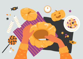 Halloween pumpkin carving. Flat lay of preparing decoration for party. Hands holding knife and cutting, top view of fall home activity. Lollipop, candles on table, candy on plate. Vector illustration - obrazy, fototapety, plakaty