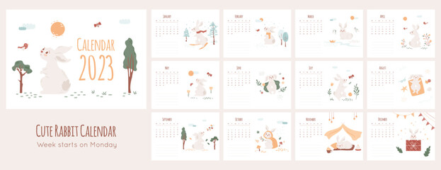 Calendar 2023 horizontal template with cute rabbit. Gray bunny monthly season prints. Spring, autumn, winter, summer illustration set. Vector planner concept, desk poster, Scandinavian art with animal