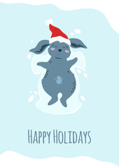 Cute rabbit in Santa hat lies on snow and makes silhouette of angel. Happy Holidays card with Christmas bunny, winter activities. Cartoon cheerful hare. Xmas, New Year greeting. Vector illustration.