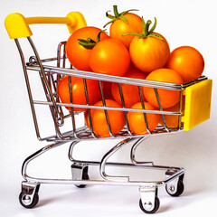 Cherry tomato group in a supermarket trolley. Concept photo organic food, supermarket, abundance. Healthy food, vegetarian. Isolate on white.