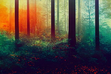 Naklejka premium Forest, trees mushrooms, smooth color gradients, background