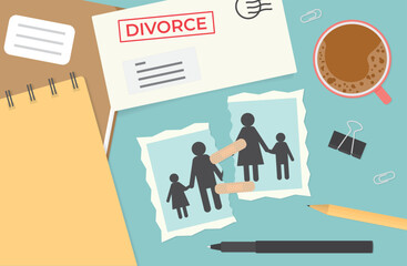 torn family photo, divorce letter, concept of marital problems, separation; flat lay composition - vector illustration