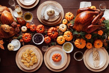 Fototapeta na wymiar Thanksgiving food feast with turkey 3d illustration