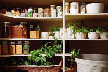 kitchen pantry with plants illustration - obrazy, fototapety, plakaty