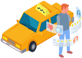 Automobile near man surrounded by like and dislike icons. Best transportation service, taxi feedback symbol. Man evaluates work of taxi. Design of application with passenger transport rating system