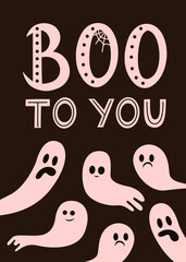 Boo to you vector greeting card design. Halloween ghosts design on dark background