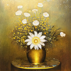 Digital painting of daisies in a vase with metallic effects and texture.  Created with generative ai technology