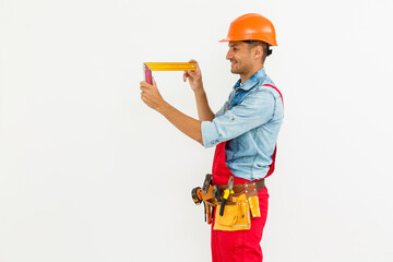 profession, construction and building - happy smiling male worker or builder in helmet over white background.