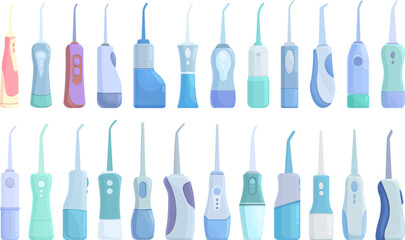 Irrigator for teeth icons set cartoon vector. Teeth water. Medical health