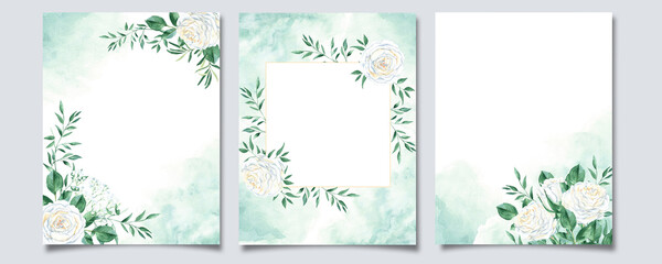 Set of three floral background cards. Rustic wedding invitation template with white creamy roses, pistachio foliage, green watercolor splashes and golden square frame. For save the date, greeting