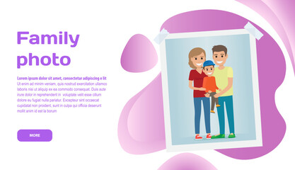 Family photo landing page template. Portrait in frame, adults and children. Photo for memory, sweet memories or interior decor. Mom dad and kids on yellow background. Family photographer website