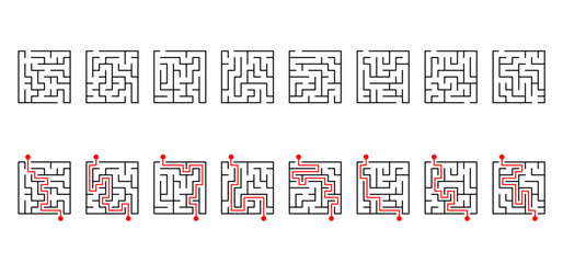 Education logic, labyrinth line. Black square maze. Vector. Find the way, labyrinth riddle. Black, white geometric pattern. labyrinth design icon. Maze tangled lines. Thinking game. 8 by 8 cells