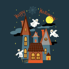 City, fabulous houses. Halloween holiday. Postcard, banner with ghosts. Lettering Happy Halloween. Vector illustration.