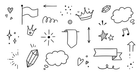 Line frame, sparkle, ribbon hand drawn doodle element set. Party, decoration star, heart element doodle sketch collection. Isolated vector illustration.
