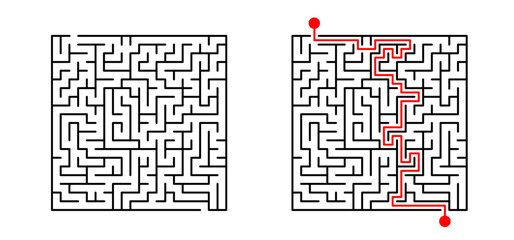 Education logic, labyrinth line. Black square maze. Vector. Find the way, labyrinth riddle. Black, white geometric pattern. labyrinth design icon. Maze tangled lines. Thinking game.