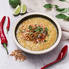 Eel Porridge with lemon and red pepper served in a dish isolated on grey background side view of vietnam food