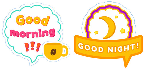 Good night inspirational lettering design for posters, flyers, stickers, banners. Bright sticker with expressive phrase and good night wishes. Moon and stars on patch bage on blue background