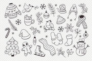 Cute doodle winter objects isolated. Collection of seasonal things like clothing, christmas decoration and winter elements, perfect for creating winter decorative designs.