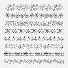 Winter floral decorative border collection. Seamless borders with christmas twigs, seasonal flowers and objects. Doodle isolated elements. Vector illustration.